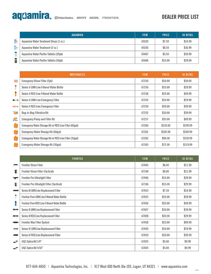 aquamira price list design